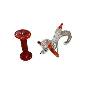 Miniature Glass Dog Figurine With Red Fire Hydrant